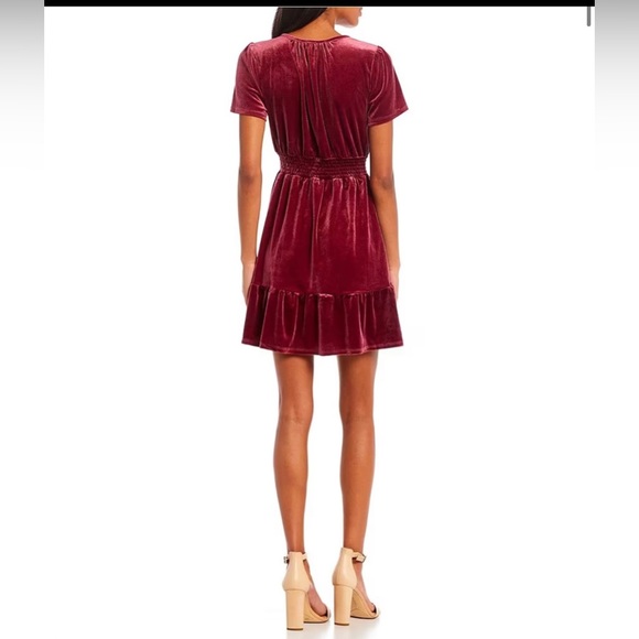 NWT! City Vibe wine colored V neck Velvet Smocked Waist Skater Dress - Picture 2 of 9